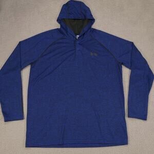 Under Armour Shirt Mens Large Blue Loose HeatGear Hooded 1/4 Button Long Sleeve